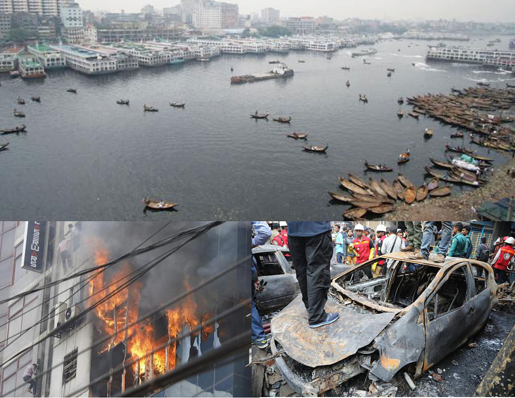 [Clockwise] This combined picture shows Buriganga river, which is considered lifeline of Dhaka, is already uninhabitable for aquatic animals, and a fire in Old Dhaka kills 71 people in February, and another fire incident in Banani kills 27 people. Photo: Prothom Alo
