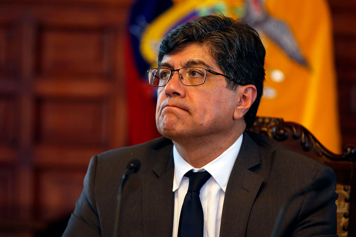 Ecuadorean minister of foreign affairs Jose Valencia gestures during a press conference with foreign media at Carondelet Palace in Quito on 11 April 2019. Ecuador said Thursday that it had identified a WikiLeaks collaborator close to Julian Assange as being involved in a plot with two Russian hackers to destabilise president Lenin Moreno`s government. Photo: AFP