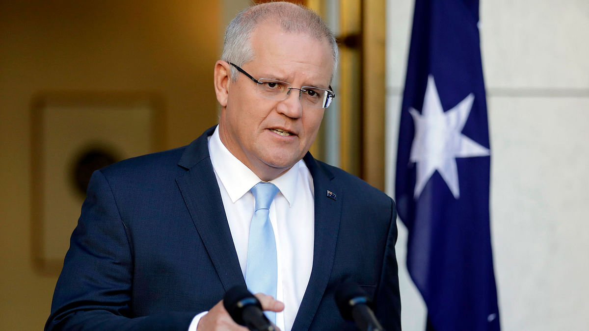 Australia`s prime minister Scott Morrison speaks at a press conference at the Parliament House in Canberra on 11 April 2019. Photo: AFP