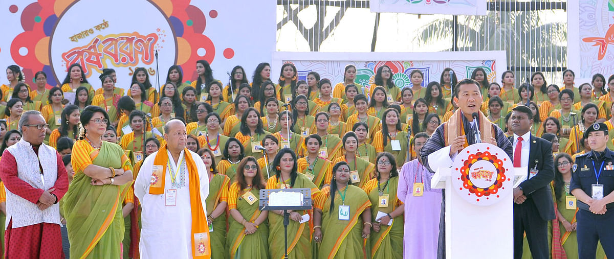 Bhutanese prime minister Lotay Tshering addresses the Pahela Baishakh celebration, the first day of Bengali New Year, jointly organised by cultural organisation Shurer Dhara and private television channel, Channel-i at Bangabandhu International Conference Centre in Dhaka on Sunday. Photo: PID