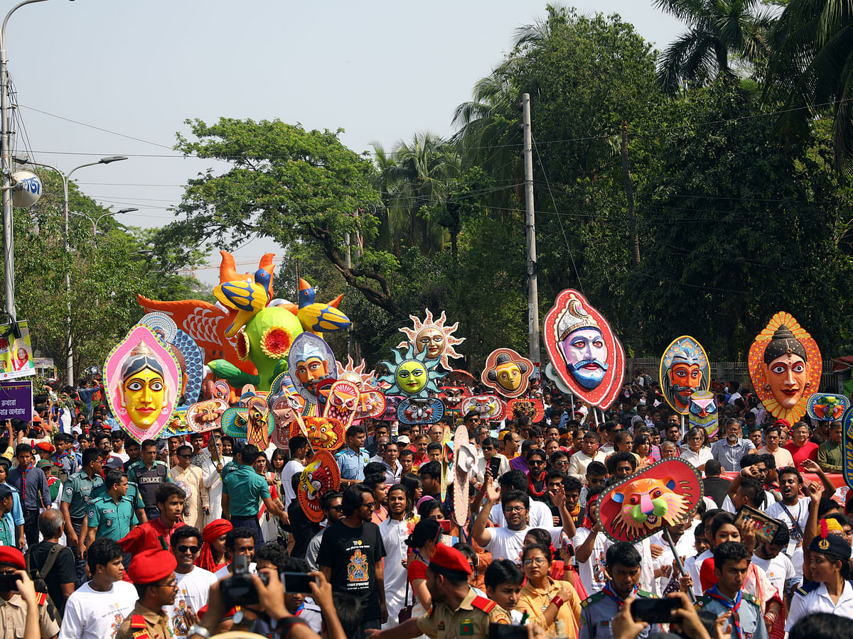 People join in a rally with colourful masks to celebrate Bengali New Year in Dhaka, Bangladesh, on 14 April 2019. Photo: Reuters