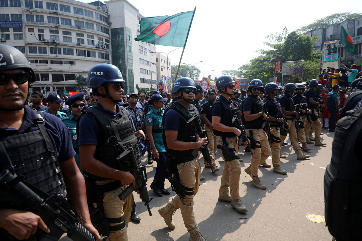 Special security forces are seen deployed in front of a Bengali New Year rally in Dhaka, Bangladesh, on 14 April 2019. Photo: Reuters