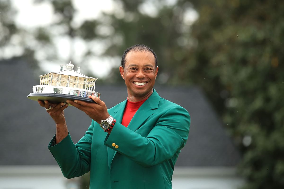 Tiger Woods of the United States celebrates with the Masters Trophy during the Green Jacket Ceremony after winning the Masters at Augusta National Golf Club on 14 April, 2019 in Augusta, Georgia. Photo: AFP