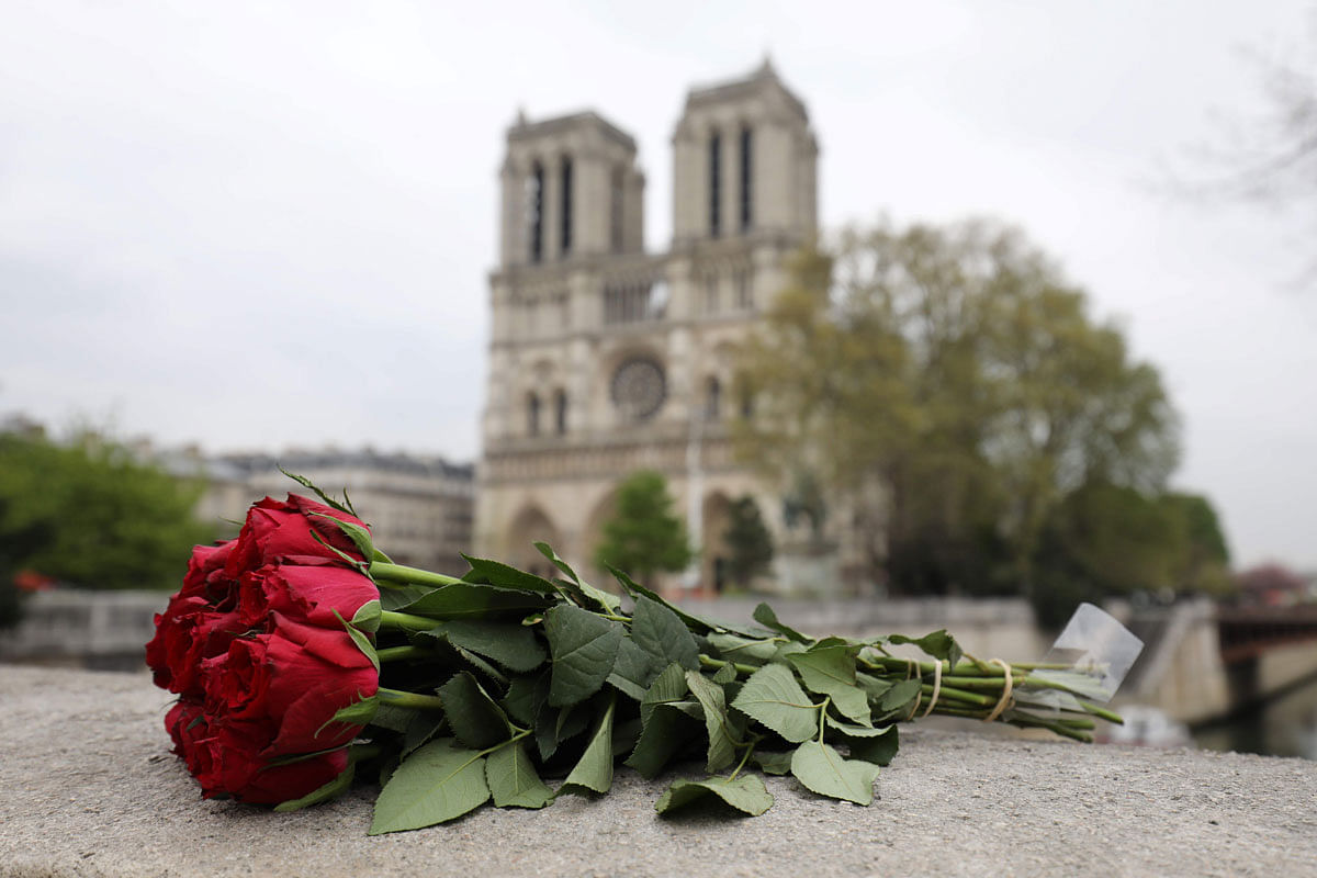 Roses have been laid near Notre-Dame-de Paris Cathedral a day after a fire devastated the cathedral in central Paris on 16 April 2019. Photo: AFP