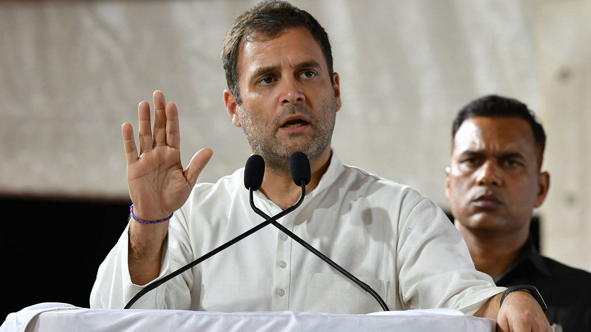 President of Indian National Congress (INC) Rahul Gandhi speaks during an election campaign rally at Krishnaraja Nagar, some about 200 Kms South West of Bangalore on 13 April 2019. AFP File Photo