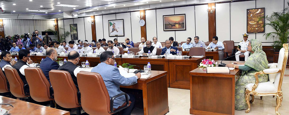 Prime minister Sheikh Hasina chairs a National Disaster Management Council (NDMC) meeting at the PMO, Dhaka on Thursday. Photo: PID