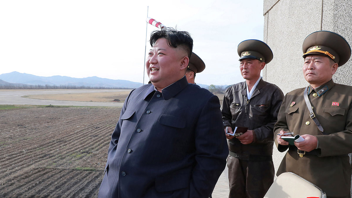 North Korean leader Kim Jong Un gives guidance while attending a flight training of Unit 1017 of the Korean People`s Army Air, Anti-Air Force at undisclosed location in this 16 April 2019 photo released on 17 April 2019 by North Korea`s Central News Agency (KCNA). Photo: Reuters