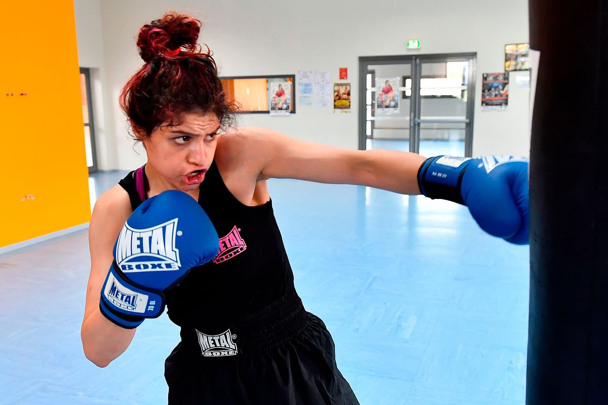 Iranian boxer Sadaf Khadem trains in a gymnasium in Royan, southwestern France, on 11 April 2019 ahead of her first fight. Photo|: AFP