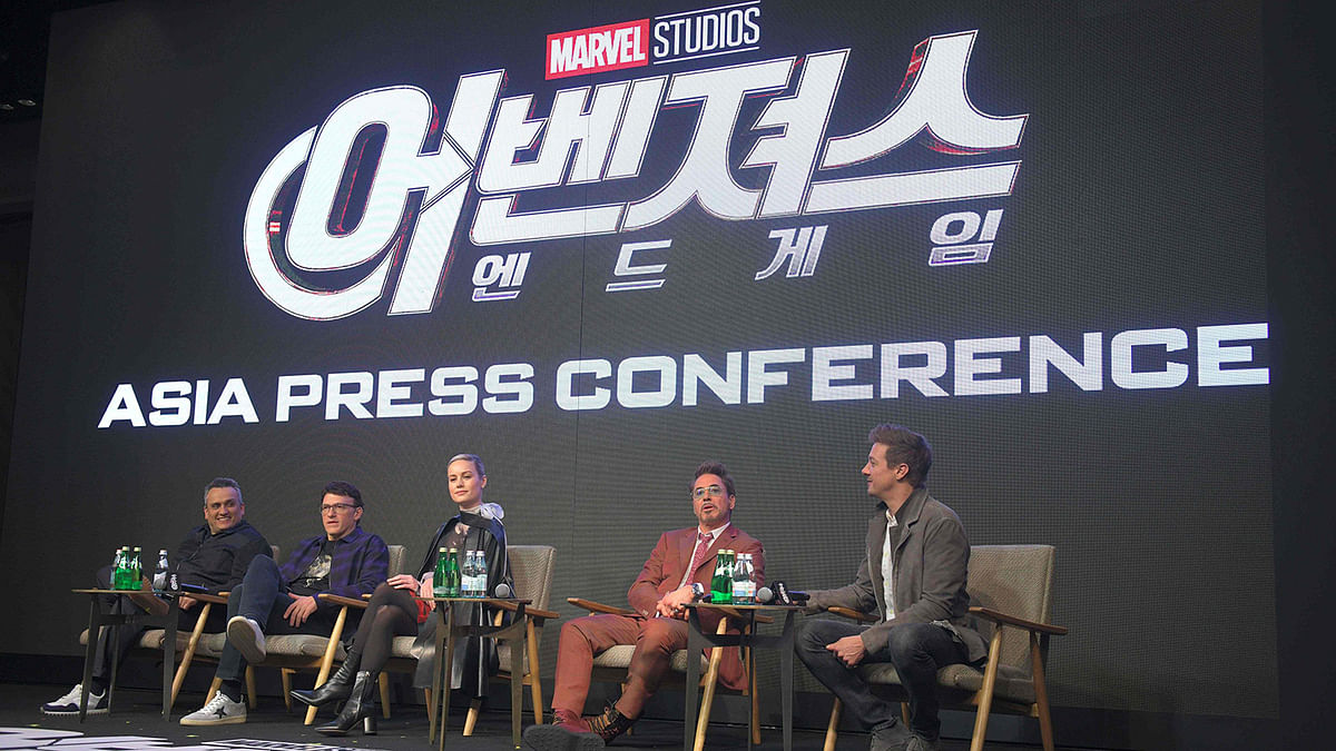 (L-R) Directors Joe Russo and Anthony Russo, actors Brie Larson, Robert Downey Jr. and Jeremy Renner attend at Marvel Studios` `Avengers: Endgame` Asia press conference in Seoul on 15 April 2019. Photo: AFP