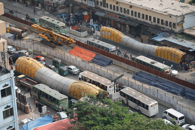 Construction of Metrorail is underway along the VIP road in Karwan Bazar area, Dhaka. Photo: Dipu Malakar