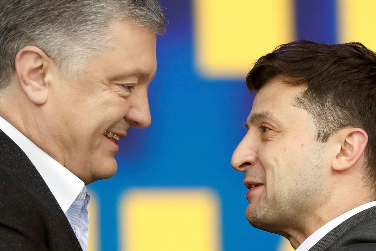 Ukraine`s president and presidential candidate Petro Poroshenko attends a policy debate with his rival, comedian Volodymyr Zelenskiy, at the National Sports Complex Olimpiyskiy stadium in Kiev, Ukraine on 19 April 2019. Photo: Reuters