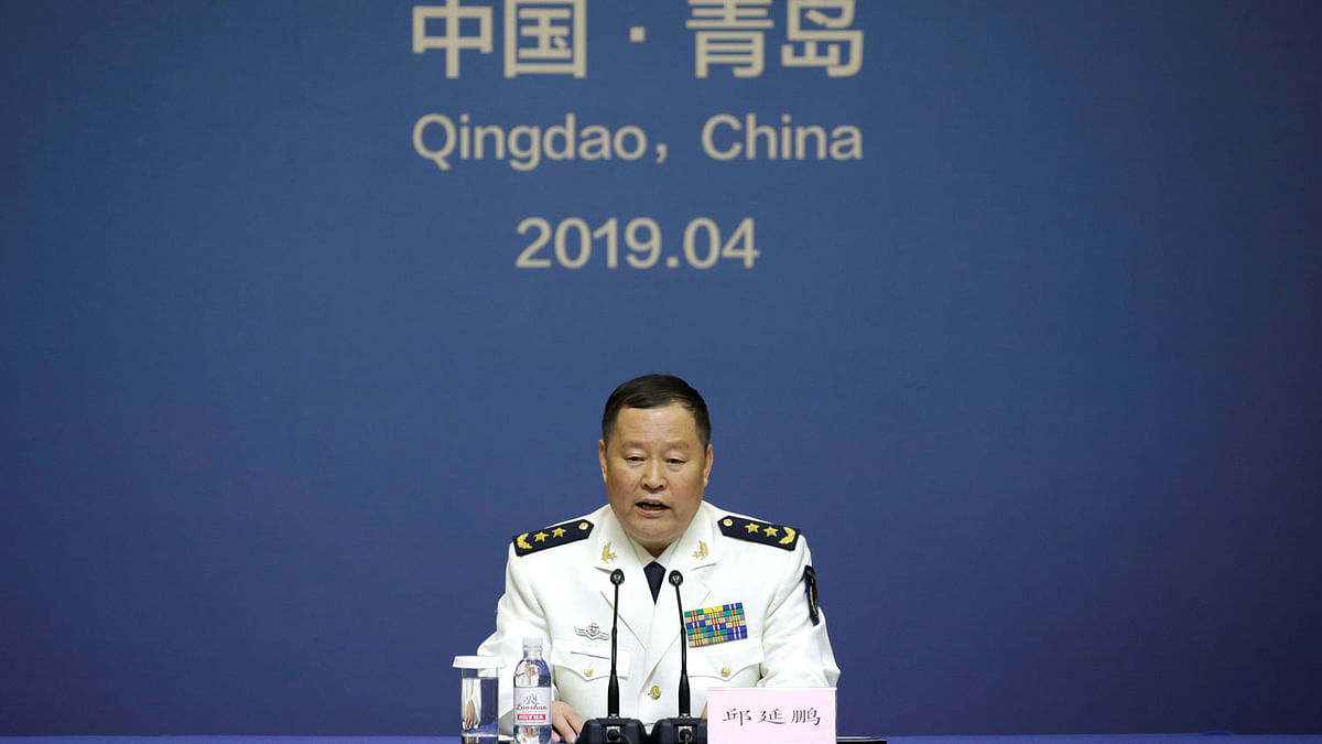 Qiu Yanpeng, deputy commander of the People`s Liberation Army Navy, attends a news conference ahead of the 70th anniversary of the founding of Chinese People`s Liberation Army Navy, in Qingdao, China, on 20 April 2019. Photo: Reuters