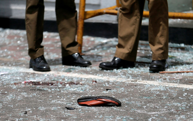 A shoe of a victim is seen in front of the St. Anthony`s Shrine, Kochchikade church after an explosion in Colombo. Photo: Reuters