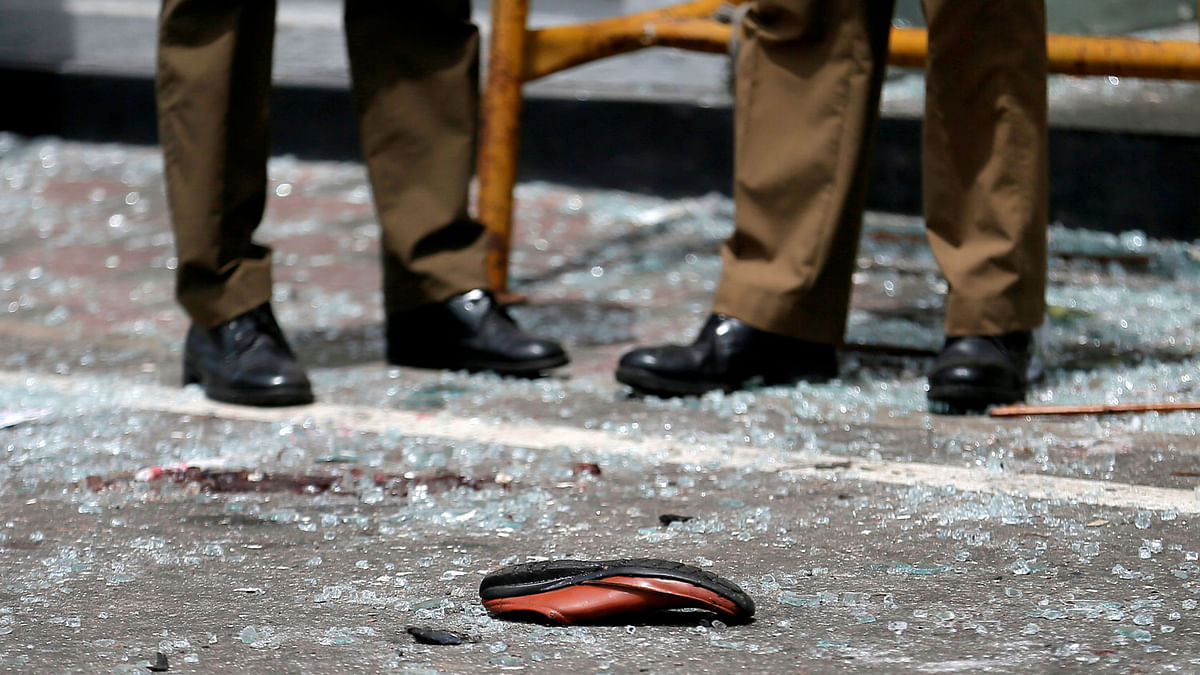A shoe of a victim is seen in front of the St. Anthony`s Shrine, Kochchikade church after an explosion in Colombo, Sri Lanka on 21 April 2019. Photo: Reuters