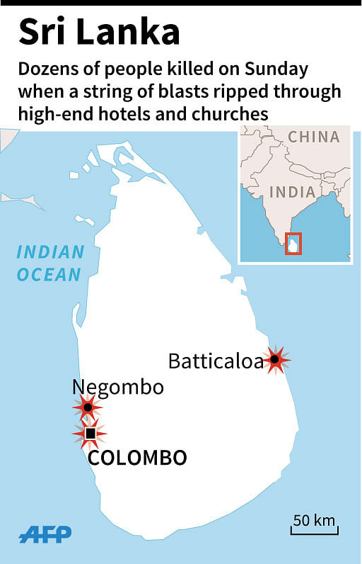 Map of Sri Lanka locating attacks on April 21. AFP