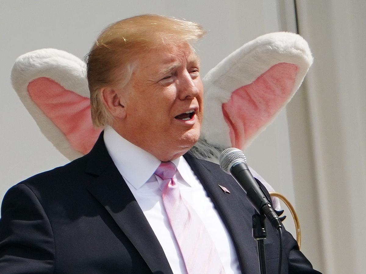 US president Donald Trump speaks during the annual White House Easter Egg Roll on the South Lawn of the White House in Washington, DC on 22 April. Photo: AFP