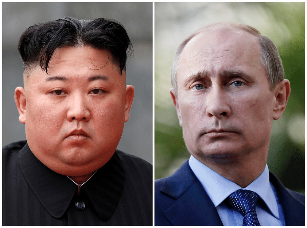 A combination of file photos shows North Korean leader Kim Jong Un at Ho Chi Minh Mausoleum in Hanoi, Vietnam on 2 March and Russia`s president Vladimir Putin at the Bocharov Ruchei residence in the Black Sea resort of Sochi, Krasnodar region, Russia on 16 May 2013. Photo: Reuters
