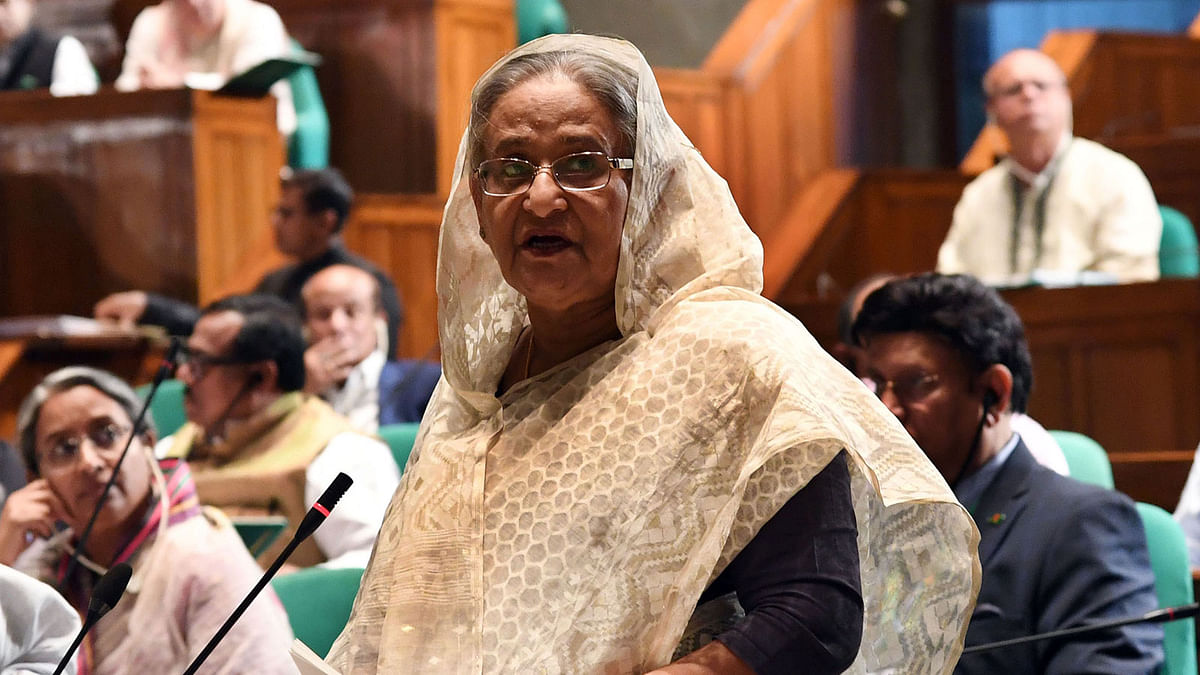 Prime minister Sheikh Hasina speaks in parliament strongly condemning the Sri Lanka terror attacks, before her question-answer session in the House on Wednesday. Photo: PID
