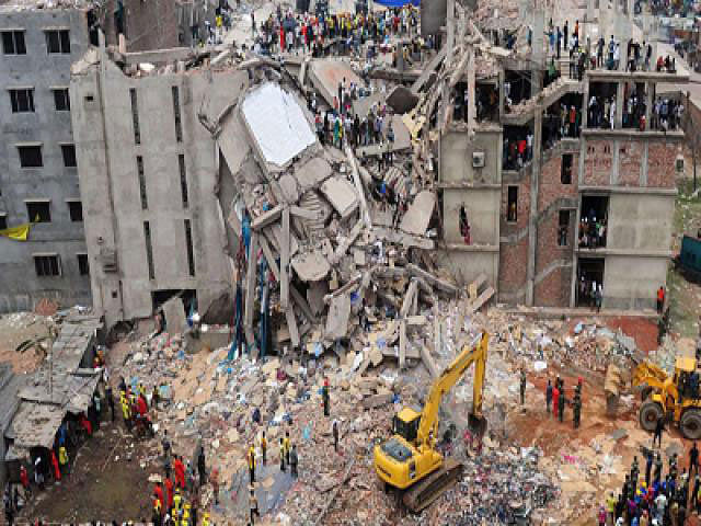 The collapsed Rana Plaza.