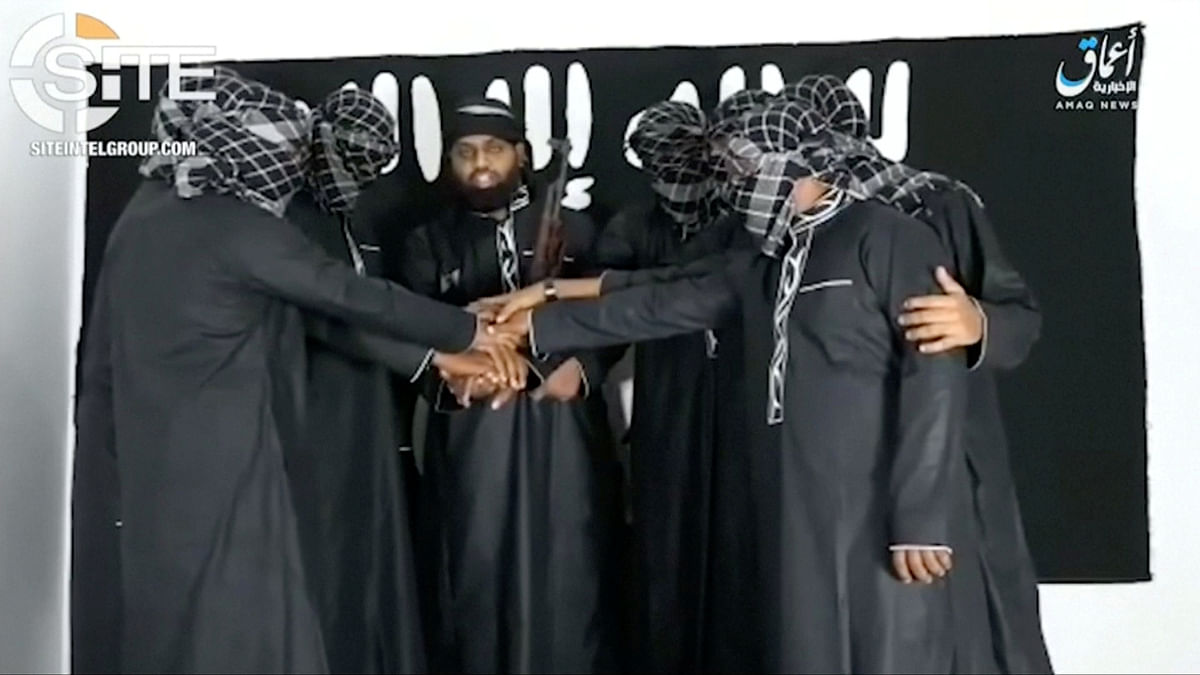 A group of men purported to be the Sri Lanka bomb attackers is seen at an unknown location in this still image taken from video uploaded by the Islamic State`s AMAQ news agency on 23 April 2019 and received by Reuters via SITE Intel Group.