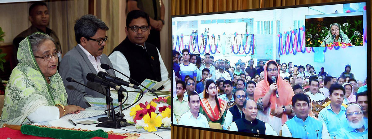 Prime minister Sheikh Hasina inaugurates the first-ever environment friendly and nonstop intercity train ‘Bonolota Express’ on Dhaka-Rajshahi route through video conference from her official residence Ganabhaban in the capital on Thursday. Photo: PID