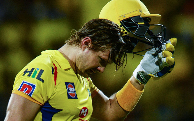 Chennai Super Kings cricketer Shane Watson romoves his helmet as he walk back to pavillion after loosing his wicket during the 2019 Indian Premier League (IPL) Twenty20 cricket match between Chennai Super Kings and Sunrisers Hyderabad at the MA Chidhambaram Stadium in Chennai on 23 April 2019. Photo: AFP