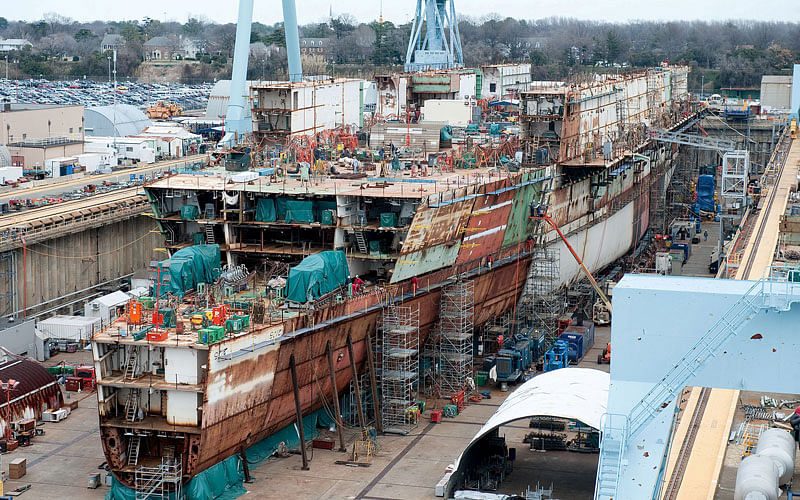 The aircraft carrier Gerald R Ford (CVN 78) is under construction at Huntington Ingalls Industries-Newport News Shipbuilding in Newport News, Virginia, US, in this 27 February 2012 handout photo. Reuters File Photo
