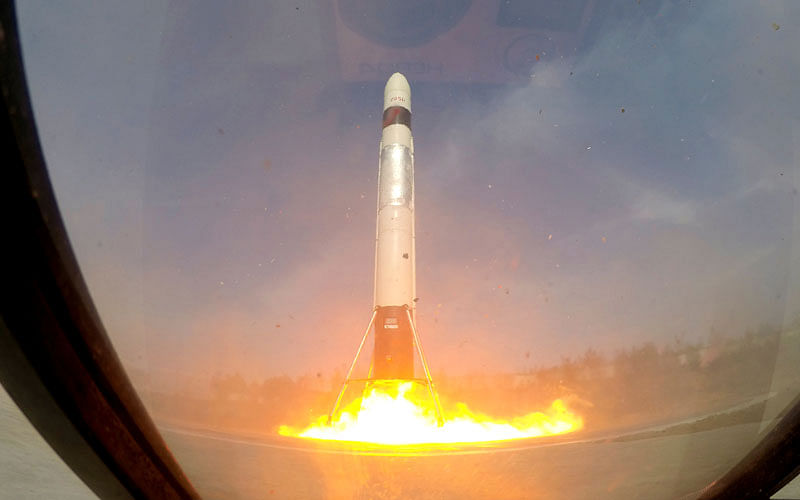 LinkSpace’s reusable rocket RLV-T5, also known as NewLine Baby, blasts off during a test launch on a vacant plot of land near the company’s development site in Longkou, Shandong province, China on 19 April. Photo: Reuters
