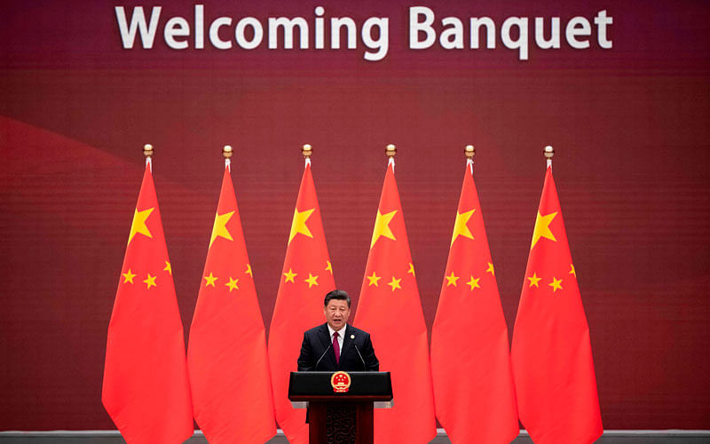 China’s president Xi Jinping gives a speech during the welcome banquet for leaders attending the Belt and Road Forum at the Great Hall of the People in Beijing on 26 April. Photo: AFP