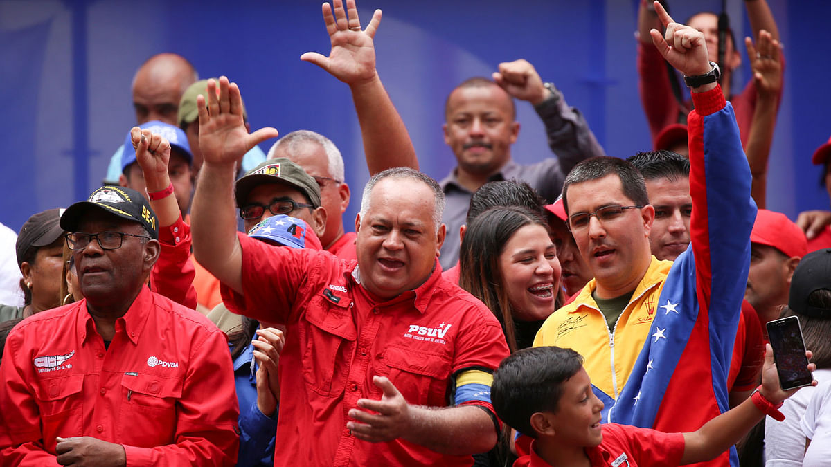 Venezuela`s foreign affairs minister Jorge Arreaza and Venezuela`s National Constituent Assembly president Diosdado Cabello take part in a rally against the Organization of American States (OAS) in Caracas, Venezuela on 27 April 2019. Photo: Reuters