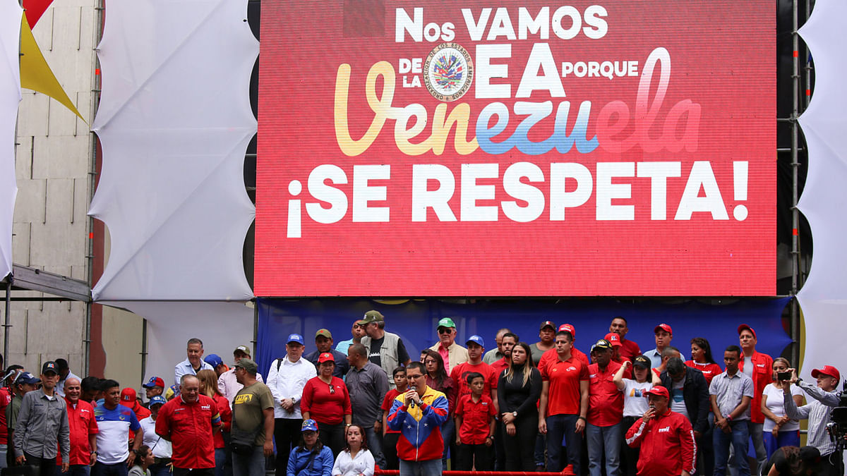 Venezuela`s foreign affairs minister Jorge Arreaza speaks during a rally against the Organization of American States (OAS) in Caracas, Venezuela on 27 April 2019. Photo: Reuters