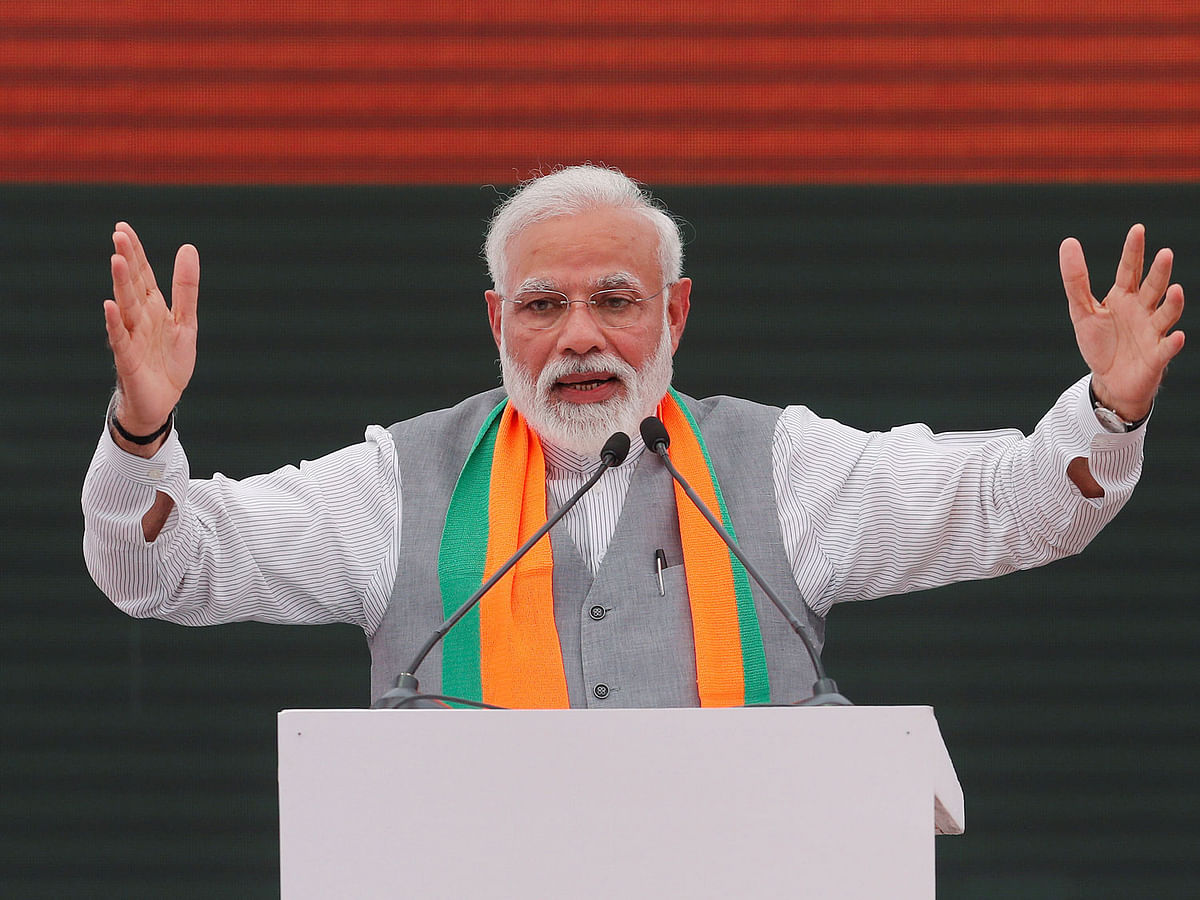 Indian prime minister Narendra Modi gestures as he speaks after releasing India`s ruling Bharatiya Janata Party (BJP)`s election manifesto for the April/May general election, in New Delhi, India on 8 April. Reuters File Photo