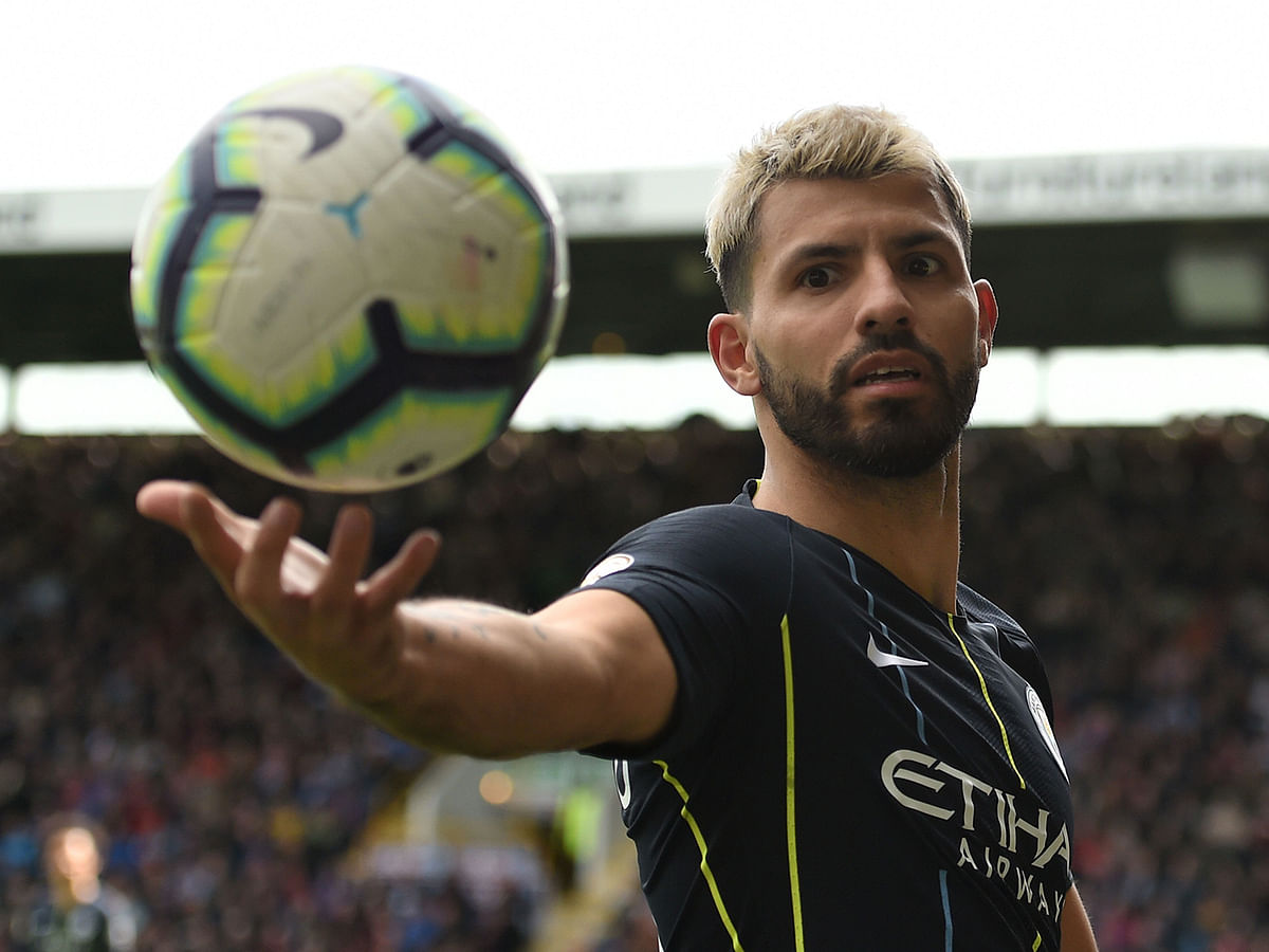 Manchester City`s Argentinian striker Sergio Aguero retrieves the ball during the English Premier League football match between Burnley and Manchester City at Turf Moor in Burnley, north west England on 28 April 2019. Photo: AFP