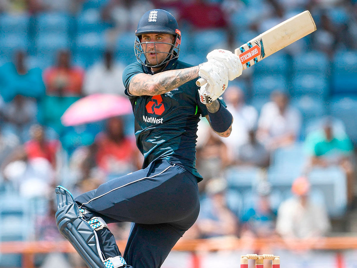 In this file photo taken on February 27, 2019, Alex Hales of England hits 6 during the 4th ODI between West Indies and England at Grenada National Cricket Stadium, Saint George`s, Grenada. England batsman Alex Hales is serving a suspension for an `off-field` incident reported to involve recreational drug use, April 26, 2019. AFP