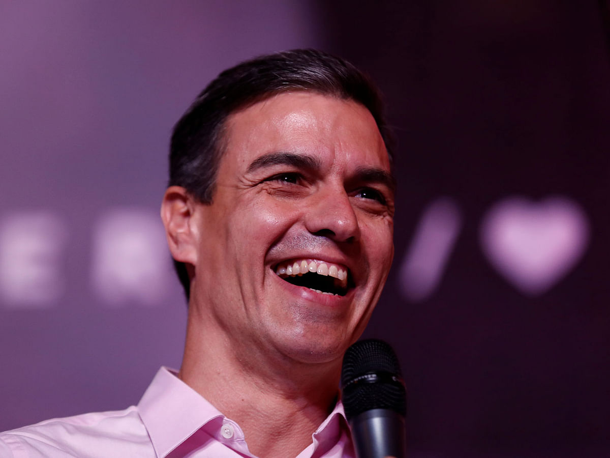 Spain`s prime minister Pedro Sanchez of the Socialist Workers` Party (PSOE) speaks to supporters while celebrating the result in Spain`s general election in Madrid, Spain on 28 April.