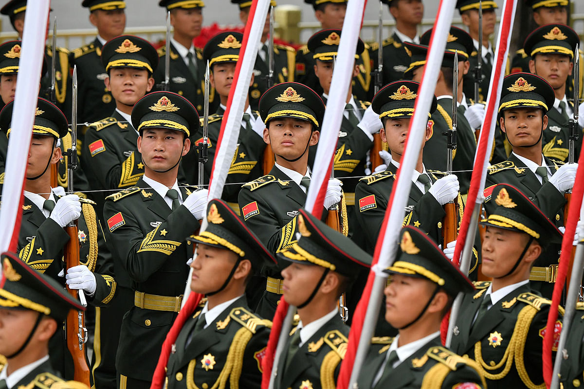 Chinese People`s Liberation Army (PLA) honor guards prepare for a welcome ceremony for Austrian Chancellor Sebastian Kurz at the Great Hall of the People in Beijing, China on 28 April. Photo: Reuters
