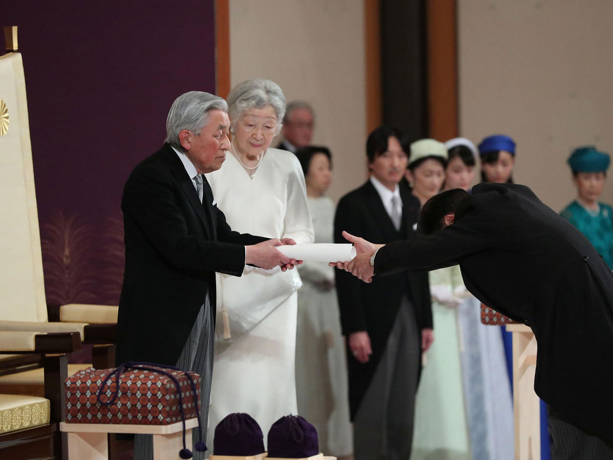 Japan`s Emperor Akihito and Empress Michiko attend a ritual called Taiirei-Seiden-no-gi, a ceremony for the Emperor`s abdication, at the Imperial Palace in Tokyo, Japan 30 April, 2019. Photo: Reuters