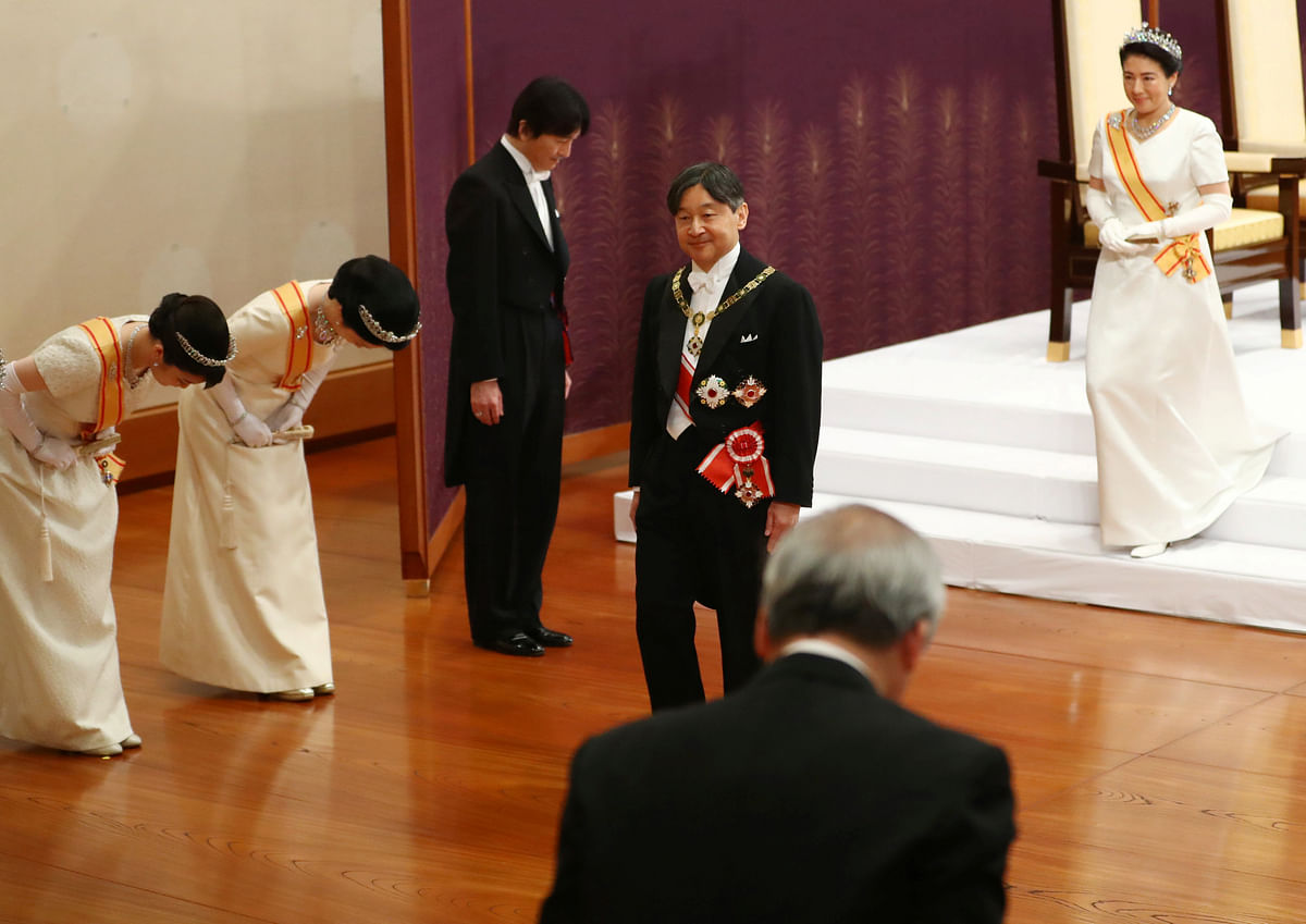 Japan`s Emperor Naruhito and Empress Masako leave a ceremony called Sokui-go-Choken-no-gi, his first audience after the accession to the throne, at the Imperial Palace in Tokyo1 May 2019. Photo: Reuters