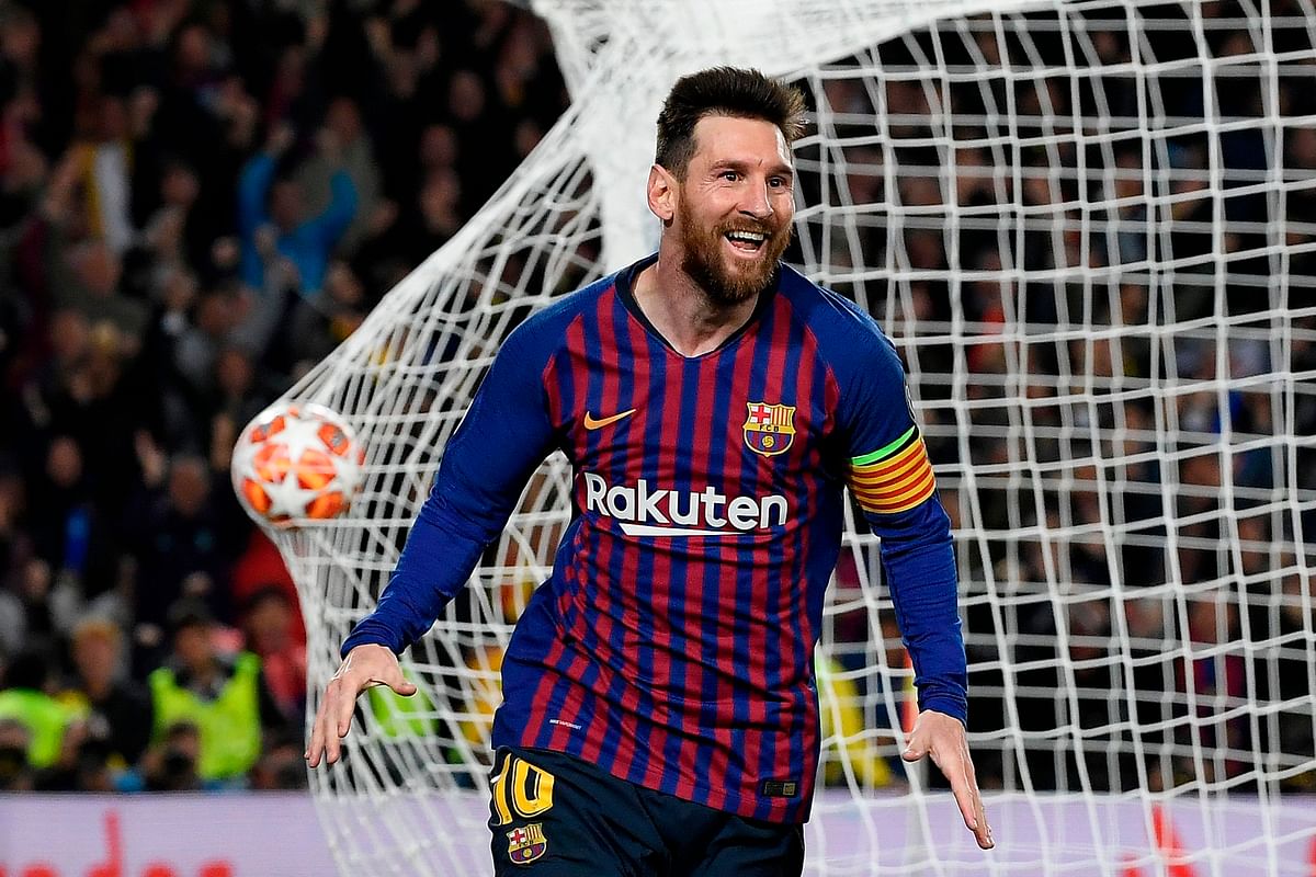 Barcelona`s Argentinian forward Lionel Messi celebrates after scoring a goal during the UEFA Champions League semi-final first leg football match between Barcelona and Liverpool at the Camp Nou Stadium in Barcelona on 1 May, 2019. Photo: AFP