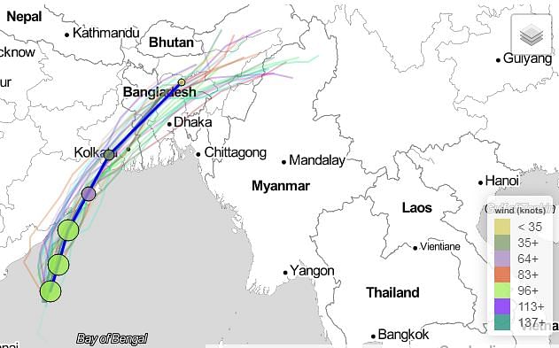 The projected route of cyclone Fani. Photo: cyclocane.com