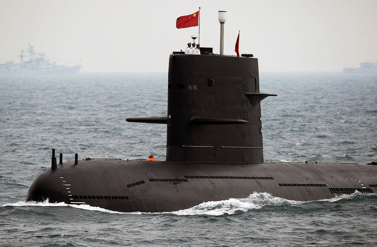Chinese Navy submarine takes part in an international fleet review to celebrate the 60th anniversary of the founding of the PLAN in Qingdao. Photo: Reuters