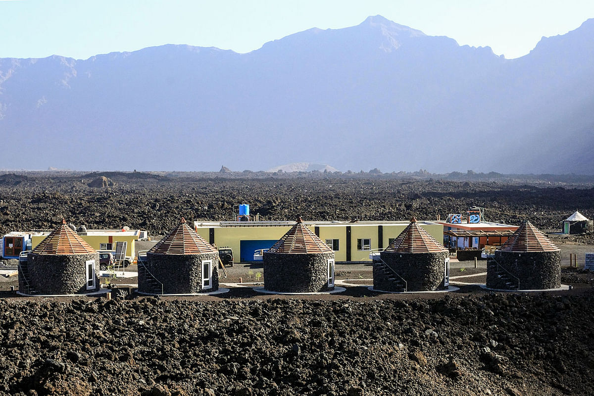 This picture taken on 30 March 2019 shows the newly built Marisa`s hotel, made with cement and lava on the roof of the owner`s former house, in the village of Portelo in Cape Verde`s Cha das Caldeiras valley. Photo: AFP
