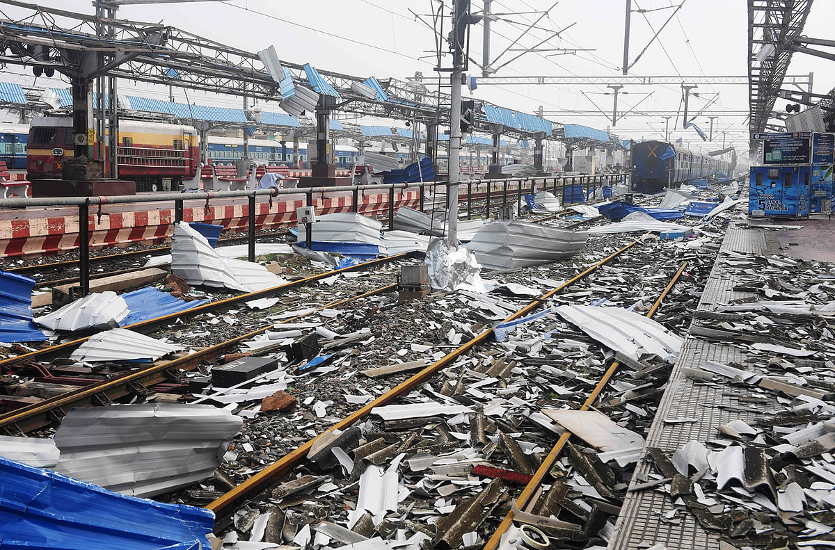 Debris litters the train tracks at the damaged railway station in Puri in the eastern Indian state of Odisha on 4 May, 2019, after cyclone Fani swept through the area. Photo: AFP