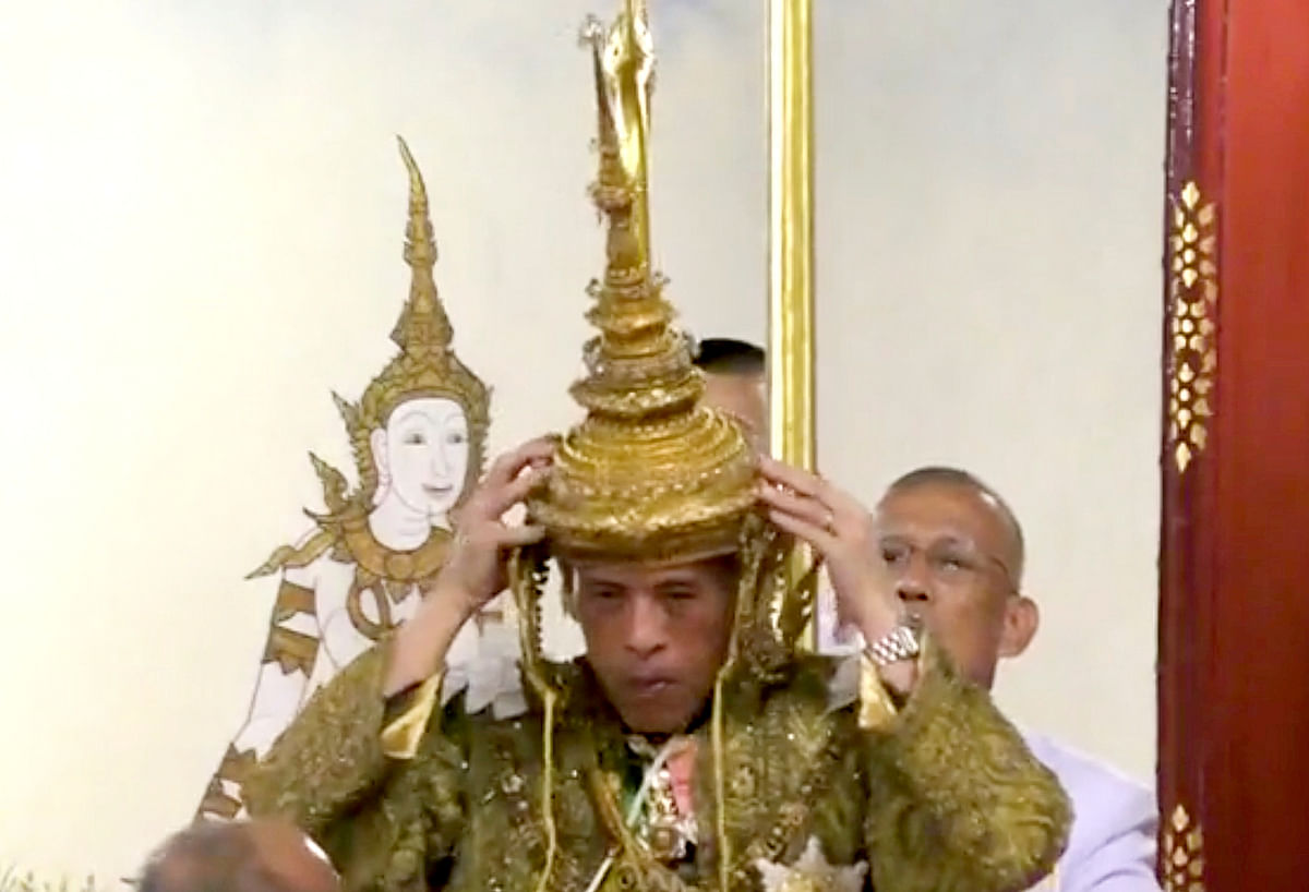 Thailand`s King Maha Vajiralongkorn is crowned during his coronation in Bangkok, Thailand, on 4 May 2019 in this still image taken from TV footage. Reuters