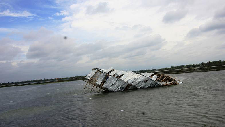 The schoolhouse of Andharia Government Primary School flown off by the influence of cyclonic storm Fani in a shrimp enclosure of Mongla in Bagerhat on 4 May, 2019. Photo: Sumel Sarafat