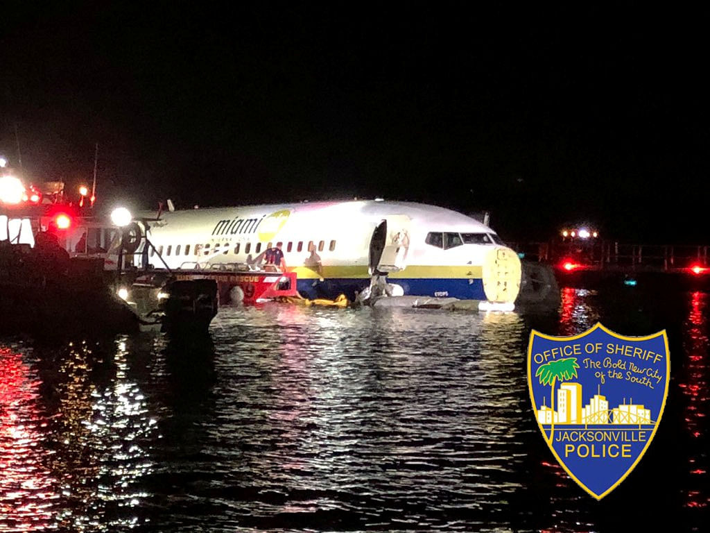 A Boeing 737 is seen in the St. Johns River in Jacksonville, Florida, US on 3 May 2019 in this picture obtained from social media. Reuters