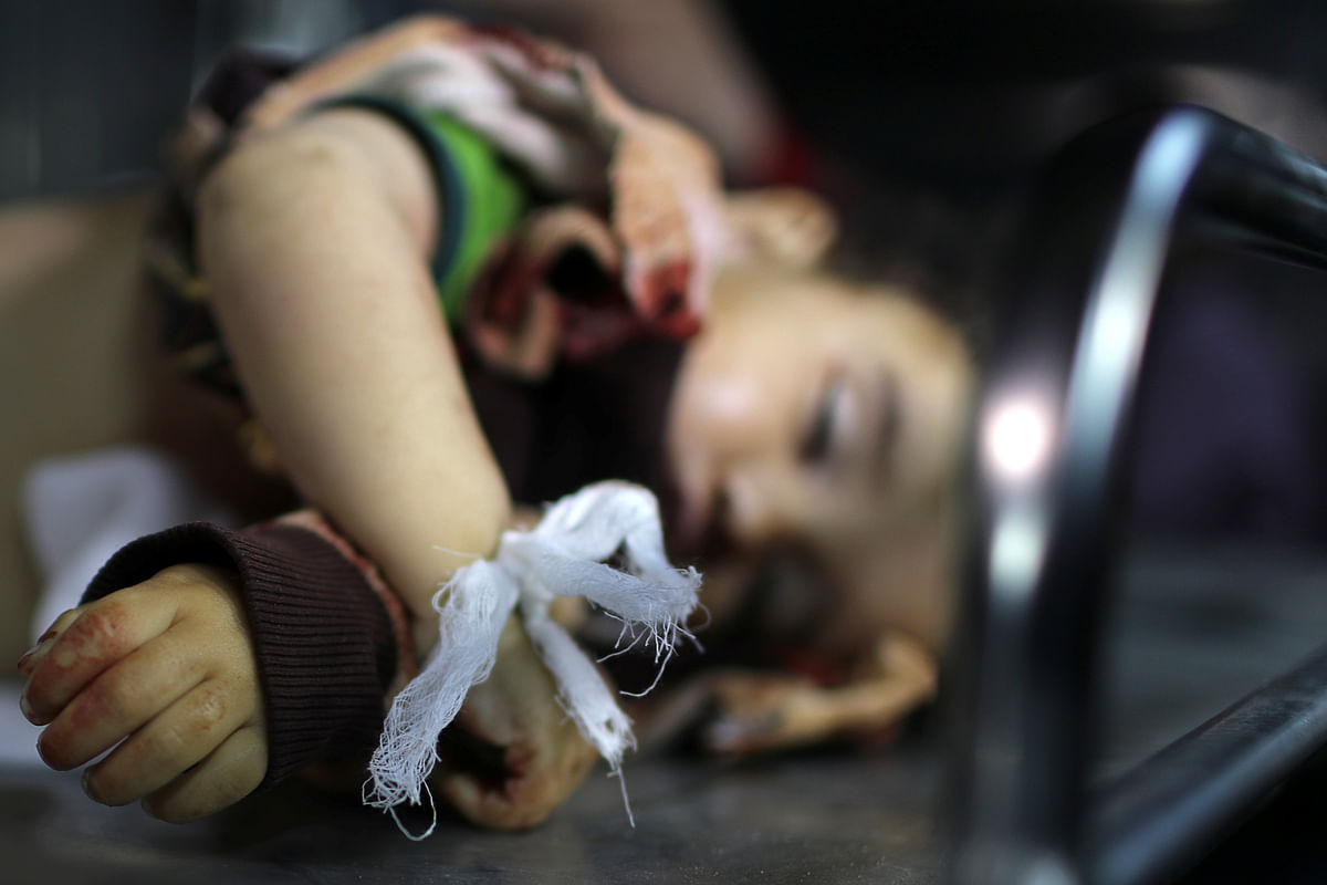 The body of 14-month old Palestinian baby Seba Abu Arar is seen at a hospital morgue in Gaza City on 4 May 2019. Reuters