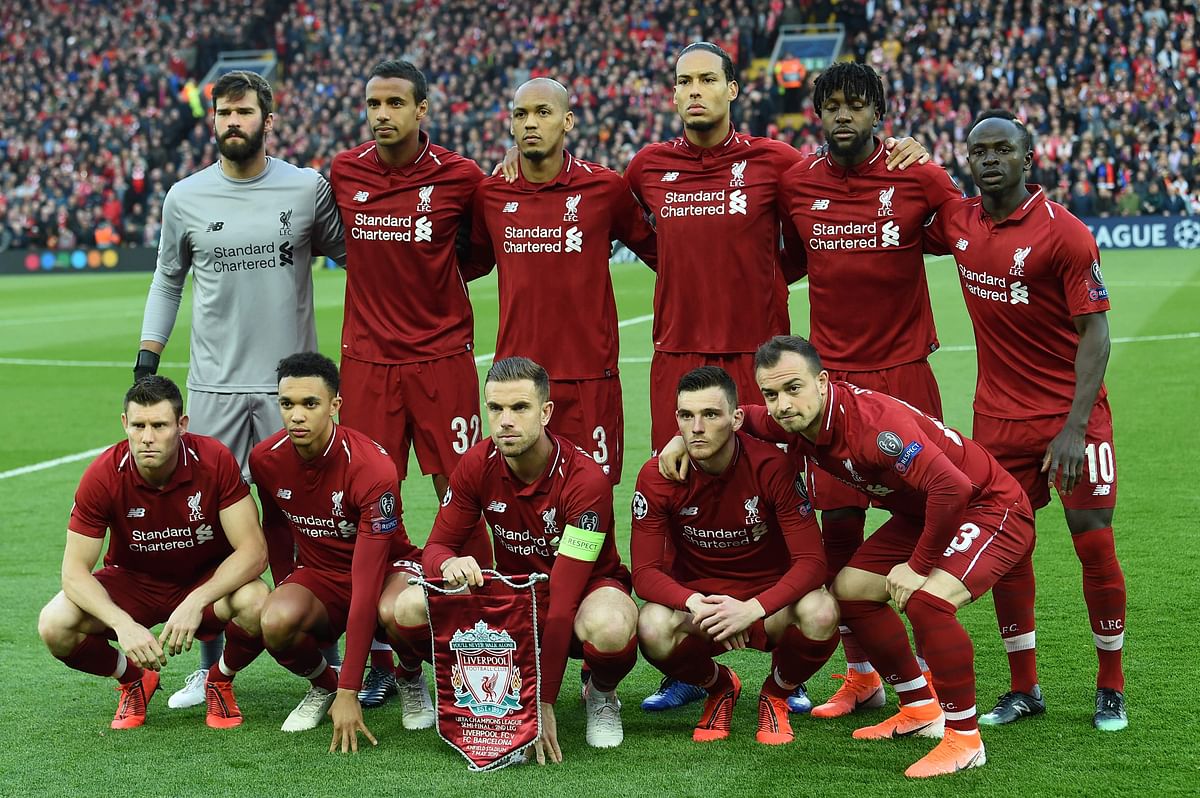Liverpool team pose before the UEFA Champions league semi-final second leg football match between Liverpool and Barcelona at Anfield in Liverpool, north west England on 7 May 2019. Photo: AFP