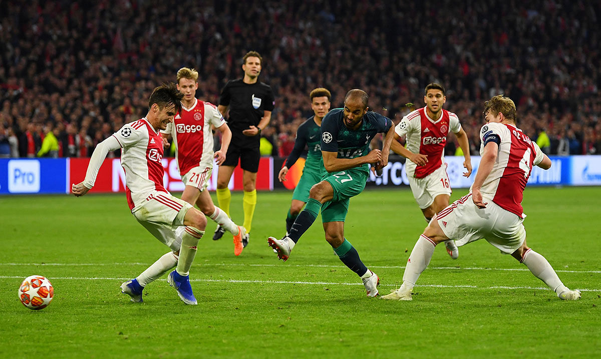 Tottenham`s Lucas Moura scores their third goal to complete his hat-trick in Champions League semi-final second leg against Ajax Amsterdam at Johan Cruijff Arena, Amsterdam, Netherlands on 8 May 2019. Photo: Reuters