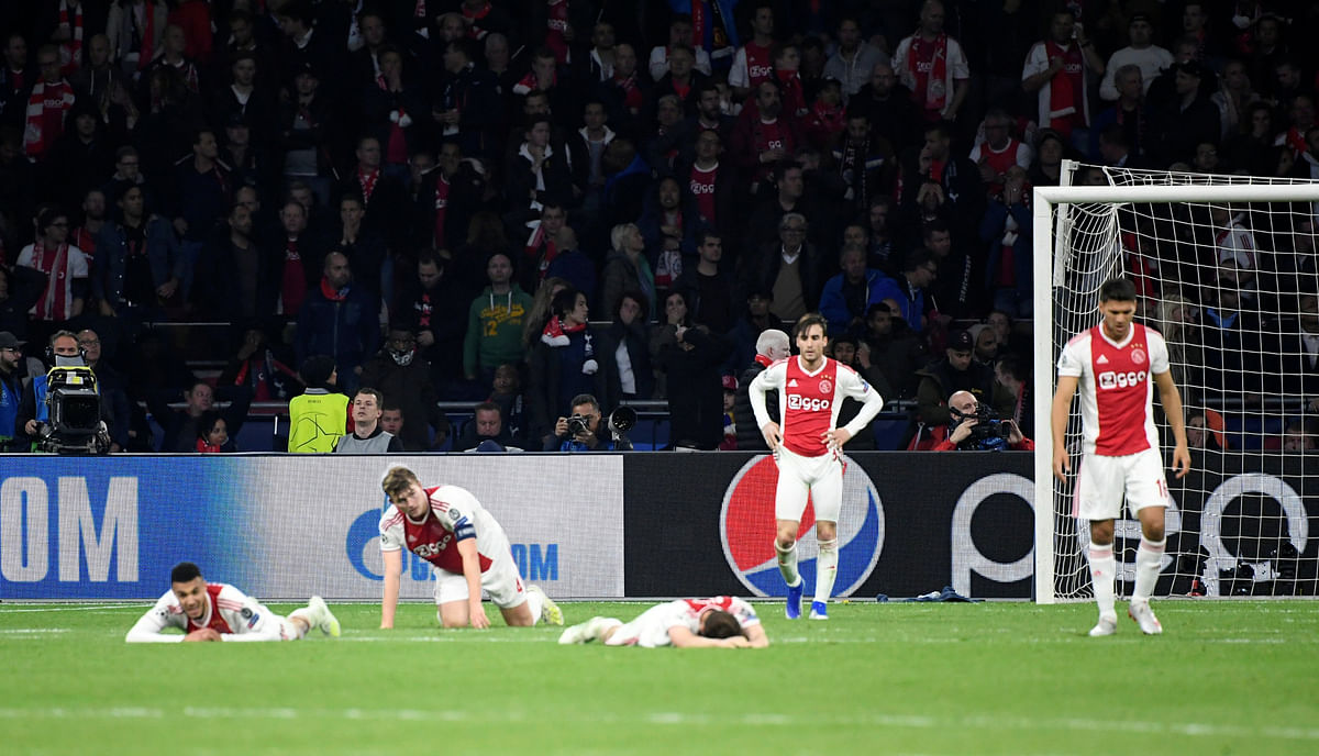Ajax`s Matthijs de Ligt and team mates look dejected after conceding their third goal in Champions League semi-final second leg against Ajax Amsterdam at Johan Cruijff Arena, Amsterdam, Netherlands on 8 May 2019. Photo: Reuters